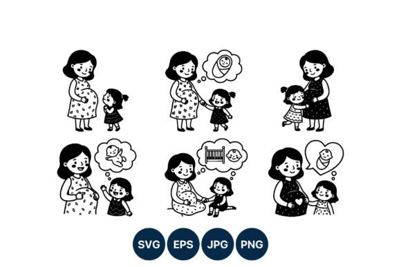 Pregnant Mom and Daughter Vector Line: A Versatile Graphic for Handmade Creations